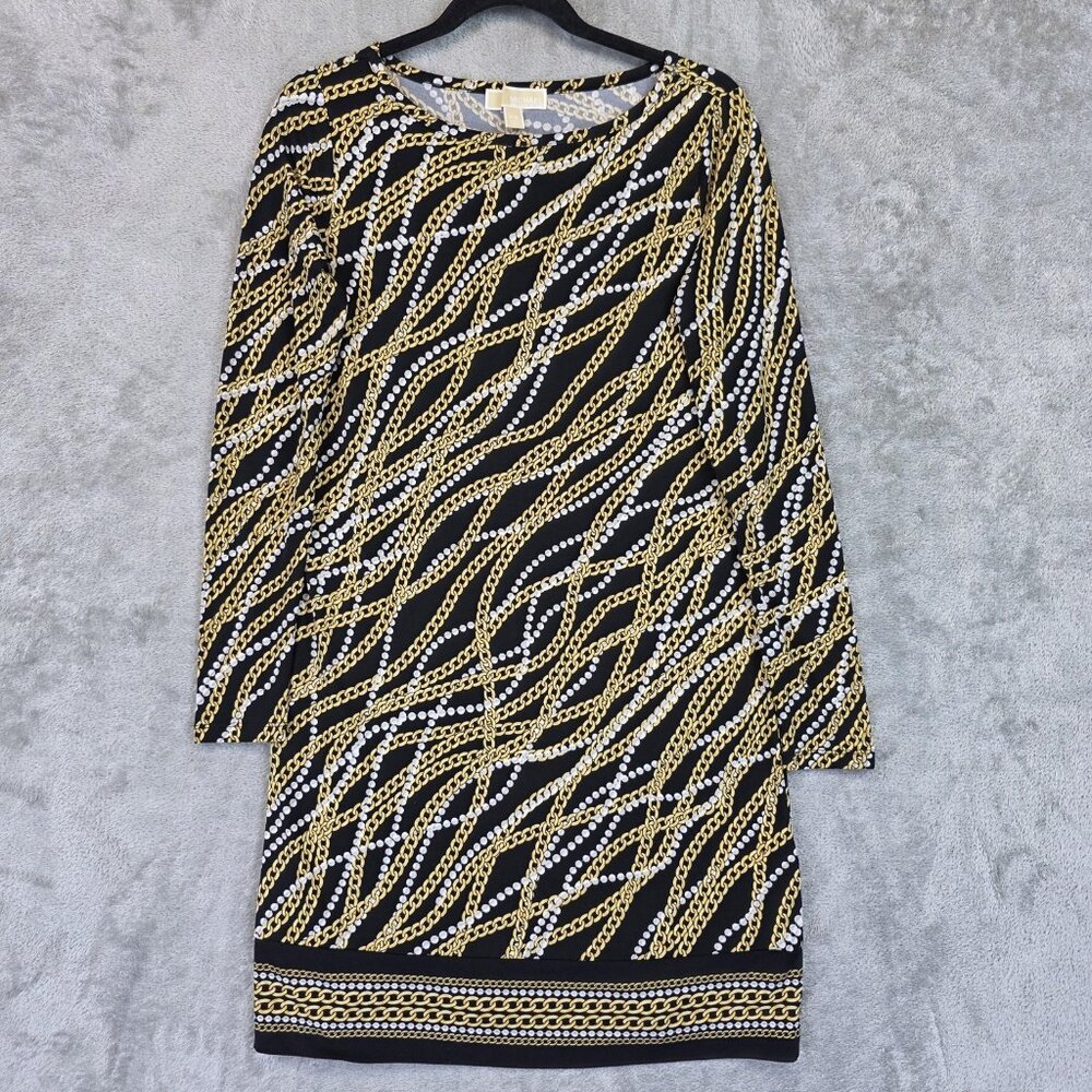 Michael Michael Kors Dress Womens Petite Small Black Chain Print Long Sleeve